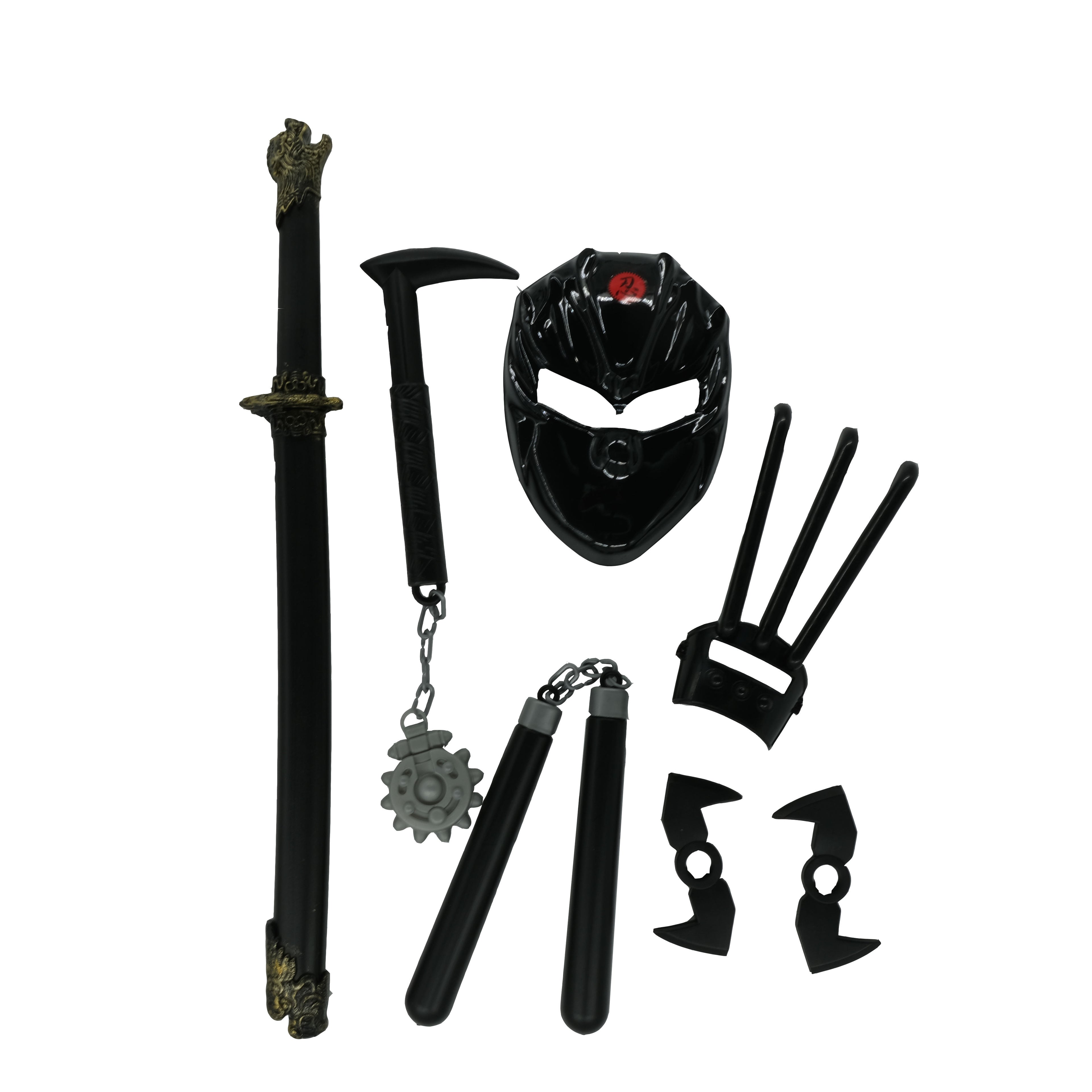 Halloween Ninja Plastic Weapons Toy Set Samurai Sword with Axe Nunchaku Mask Darts for Cospaly Kids